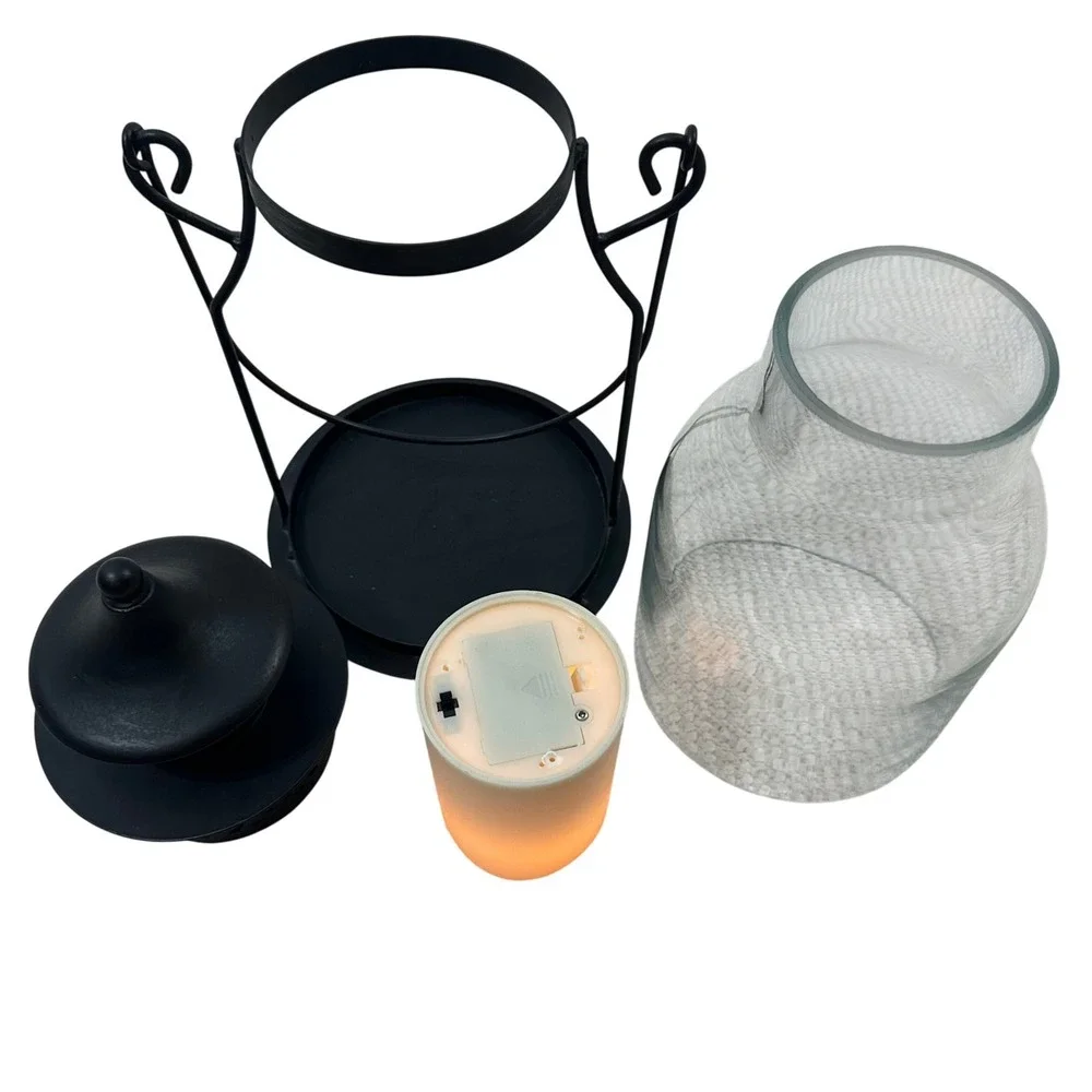 Black Metal Glass Hurricane Lantern with LED Flameless Candle 13.5 Inch